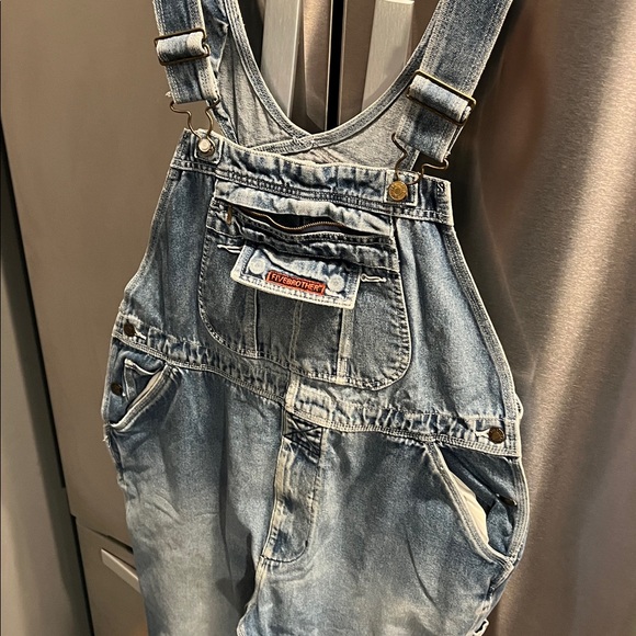 FiveBrother BIB OVERALL blue JEANS DENIM PANTS mens size 38 Baggy 90s grunge rip - Picture 10 of 16